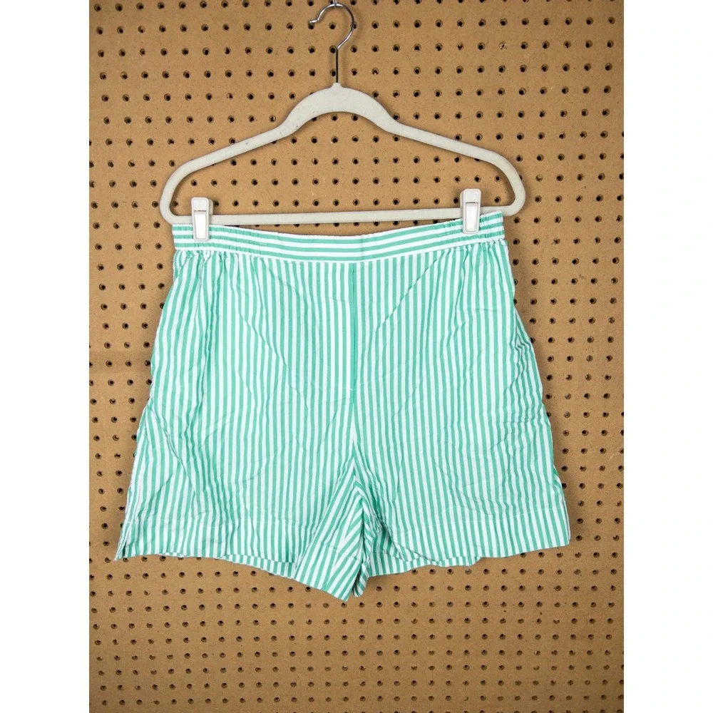 COS Green White Striped Cotton Elastic Waist Shorts Womens Large L‎ Pocket